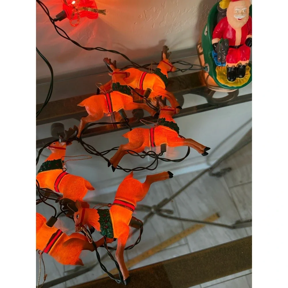 Vintage Kurt Adler Lighted SANTA Sleigh 8 Reindeer Novelty Christmas Lights